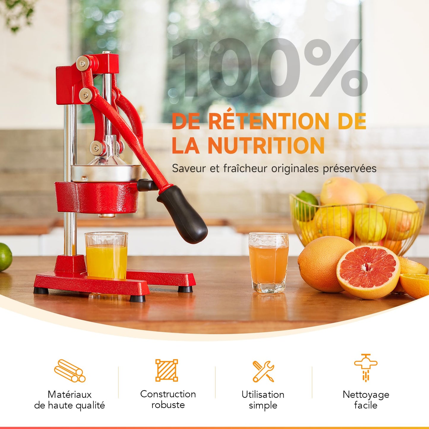 CO-Z Presse Agrumes Manuel Professionnel Silencieux en Acier Inoxydable de Qualité Alimentaire Broyeur Jus Presse Orange Lime Citron Pommes Fruit, Rouge