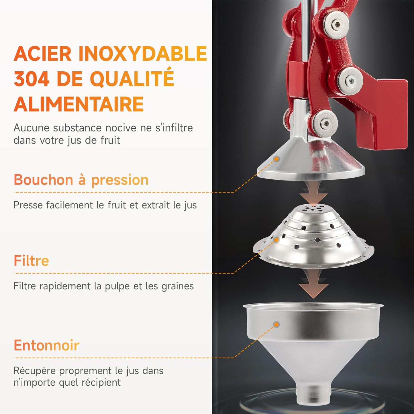 CO-Z Presse Agrumes Manuel Professionnel Silencieux en Acier Inoxydable de Qualité Alimentaire Broyeur Jus Presse Orange Lime Citron Pommes Fruit, Rouge