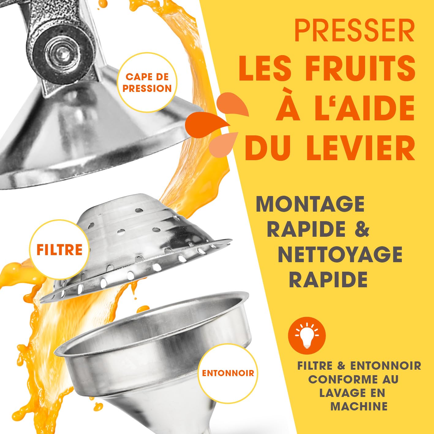 Lumaland presse-agrumes en acier inoxydable | Presse Agrumes manuel de haute qualité, très silencieux | Puissant pour beaucoup plus de jus | Alimentaire Broyeur Jus| Orange Limon Citron Pommes Grenade