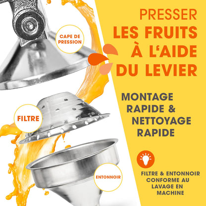 Lumaland presse-agrumes en acier inoxydable | Presse Agrumes manuel de haute qualité, très silencieux | Puissant pour beaucoup plus de jus | Alimentaire Broyeur Jus| Orange Limon Citron Pommes Grenade