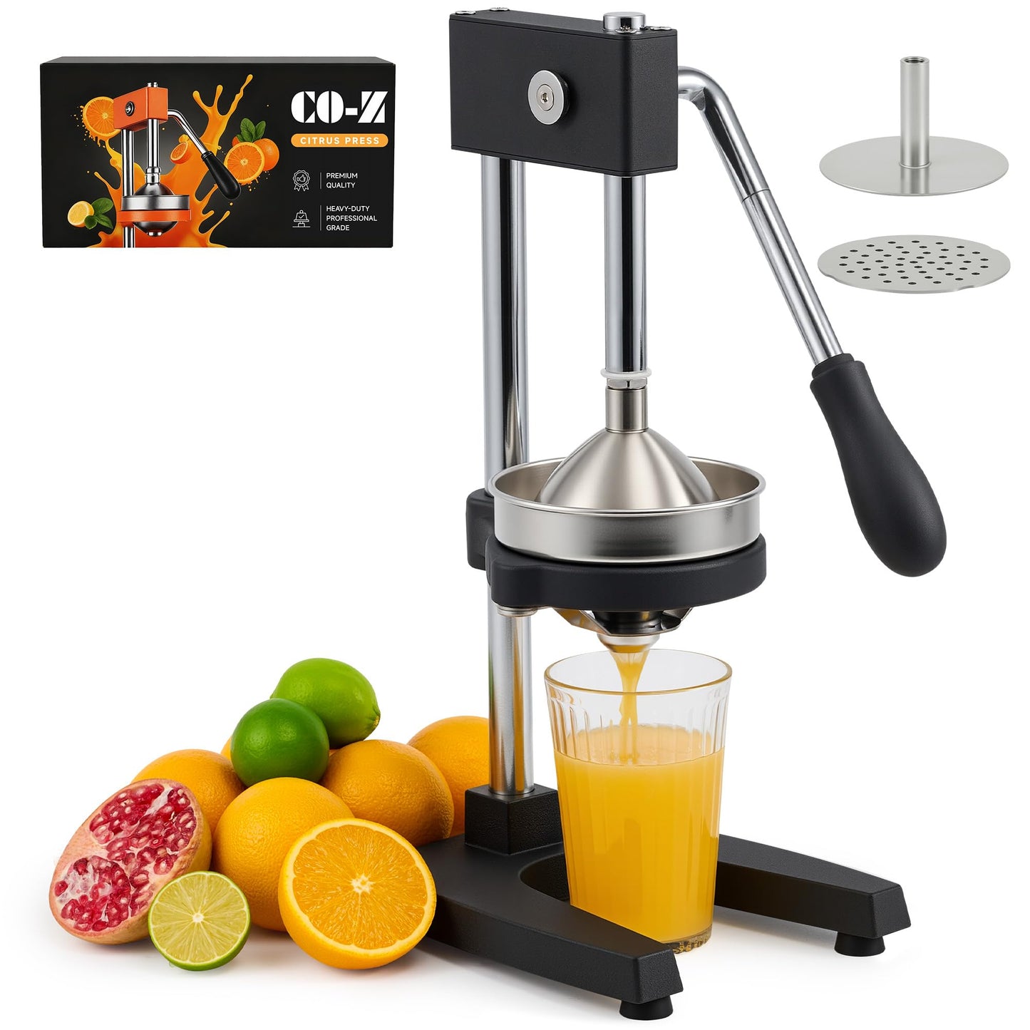 CO-Z Presse-Agrumes Manuel à Levier, Presse-Fruits Manuel, Presse-Citron Professionnel avec Plaque de Pression Coniques et Plates pour Jus d'Orange Citron Lime, Lavable au Lave-Vaisselle, Noir