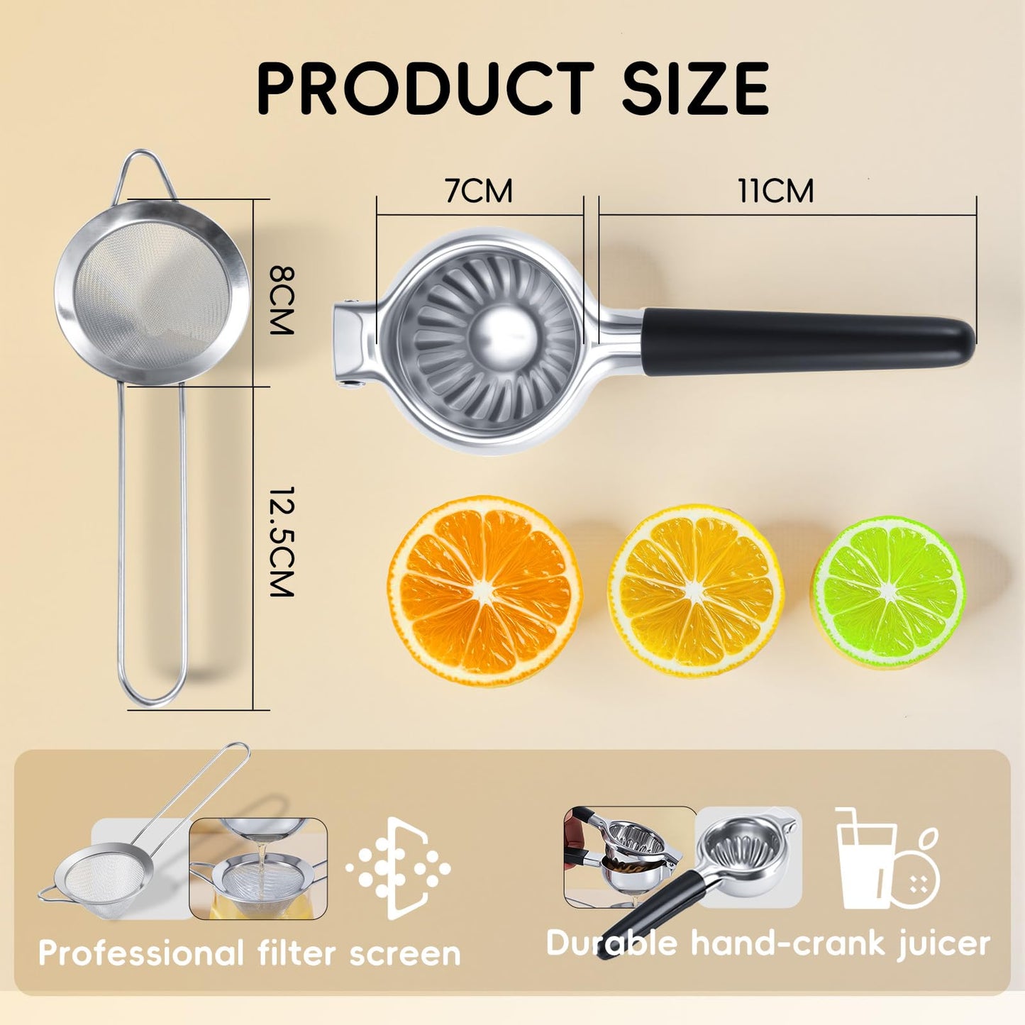 YXT&BEYOND Grande Presse Citron en Inox 304, 8,5 cm Presse Agrumes Manuel pour Citrons Limes Oranges, Presse-Citron-Poignée Antidérapante & Passoire, Idéale pour Cuisine Bar, Lavable au Lave-vaisselle