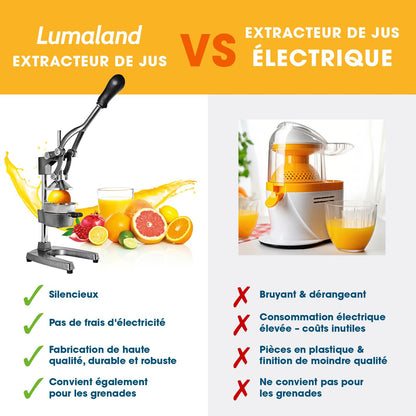 Lumaland presse-agrumes en acier inoxydable | Presse Agrumes manuel de haute qualité, très silencieux | Puissant pour beaucoup plus de jus | Alimentaire Broyeur Jus| Orange Limon Citron Pommes Grenade