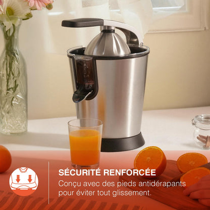 H.Koenig Presse-agrumes électrique professionnel à levier AGR80, inox, 160W puissant, bec anti-gouttes, compatible lave-vaisselle, Argent