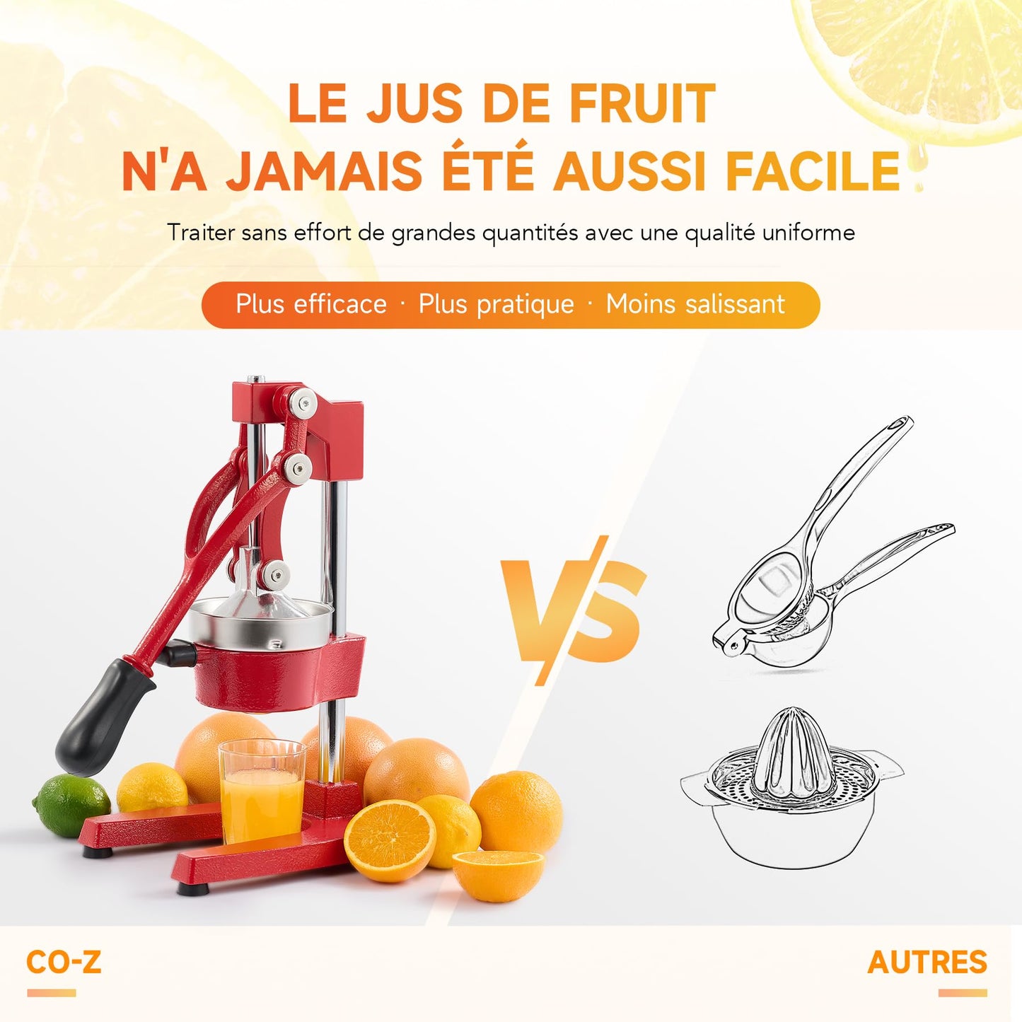 CO-Z Presse Agrumes Manuel Professionnel Silencieux en Acier Inoxydable de Qualité Alimentaire Broyeur Jus Presse Orange Lime Citron Pommes Fruit, Rouge