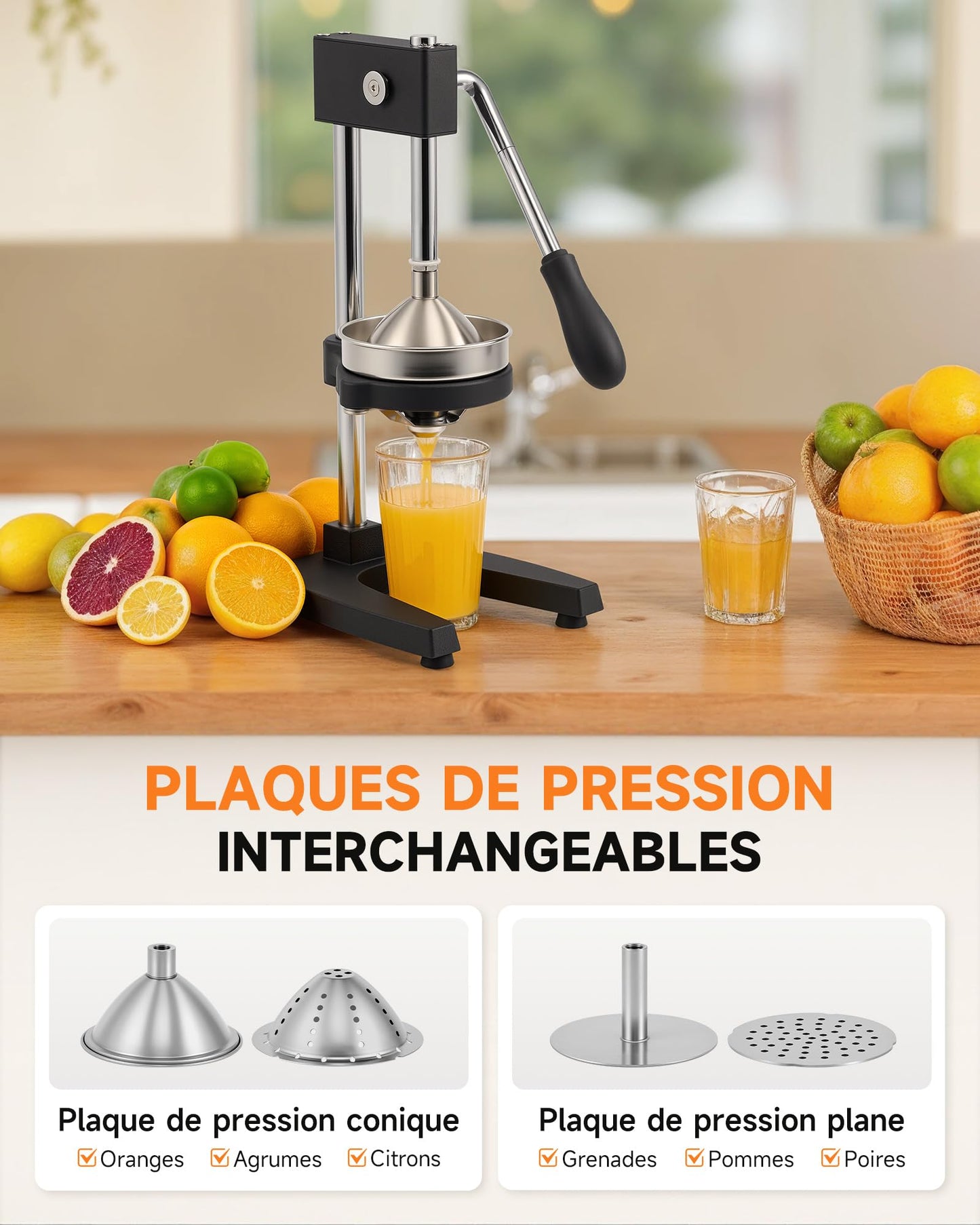 CO-Z Presse-Agrumes Manuel à Levier, Presse-Fruits Manuel, Presse-Citron Professionnel avec Plaque de Pression Coniques et Plates pour Jus d'Orange Citron Lime, Lavable au Lave-Vaisselle, Noir