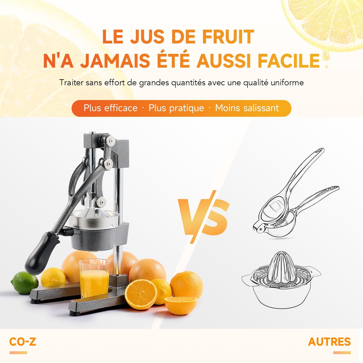 CO-Z Presse Agrumes Manuel Professionnel Silencieux en Acier Inoxydable de Qualité Alimentaire Broyeur Jus Presse Orange Lime Citron Pommes Fruit, Gris