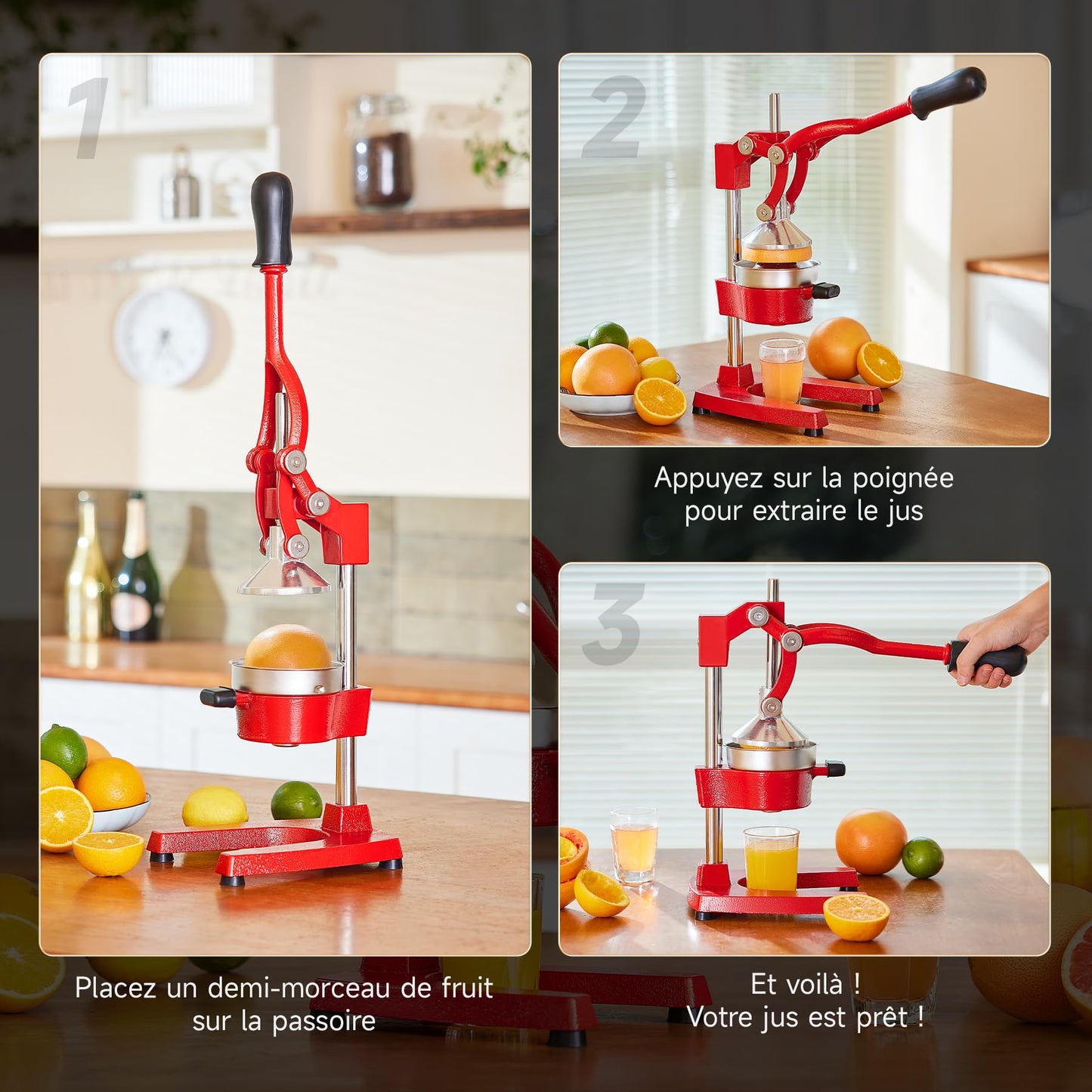 CO-Z Presse Agrumes Manuel Professionnel Silencieux en Acier Inoxydable de Qualité Alimentaire Broyeur Jus Presse Orange Lime Citron Pommes Fruit, Rouge