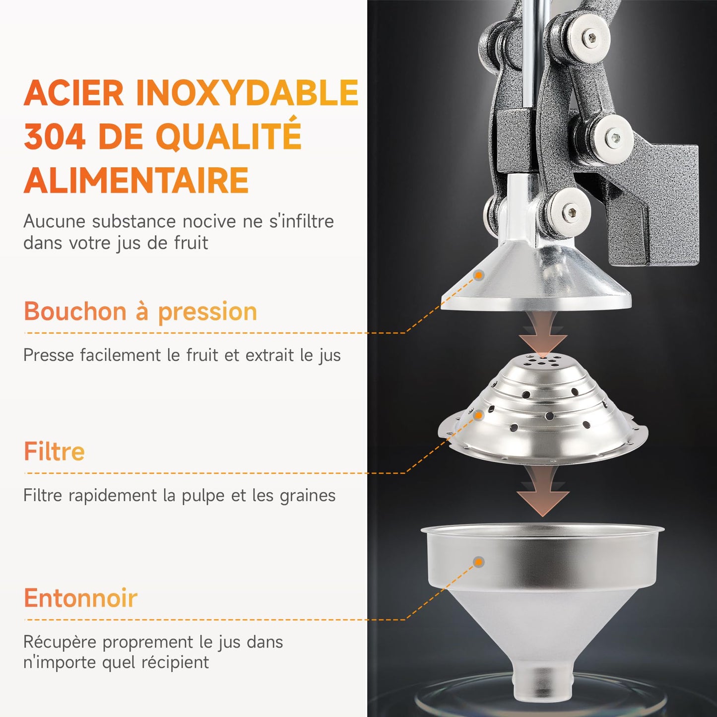 CO-Z Presse Agrumes Manuel Professionnel Silencieux en Acier Inoxydable de Qualité Alimentaire Broyeur Jus Presse Orange Lime Citron Pommes Fruit, Gris