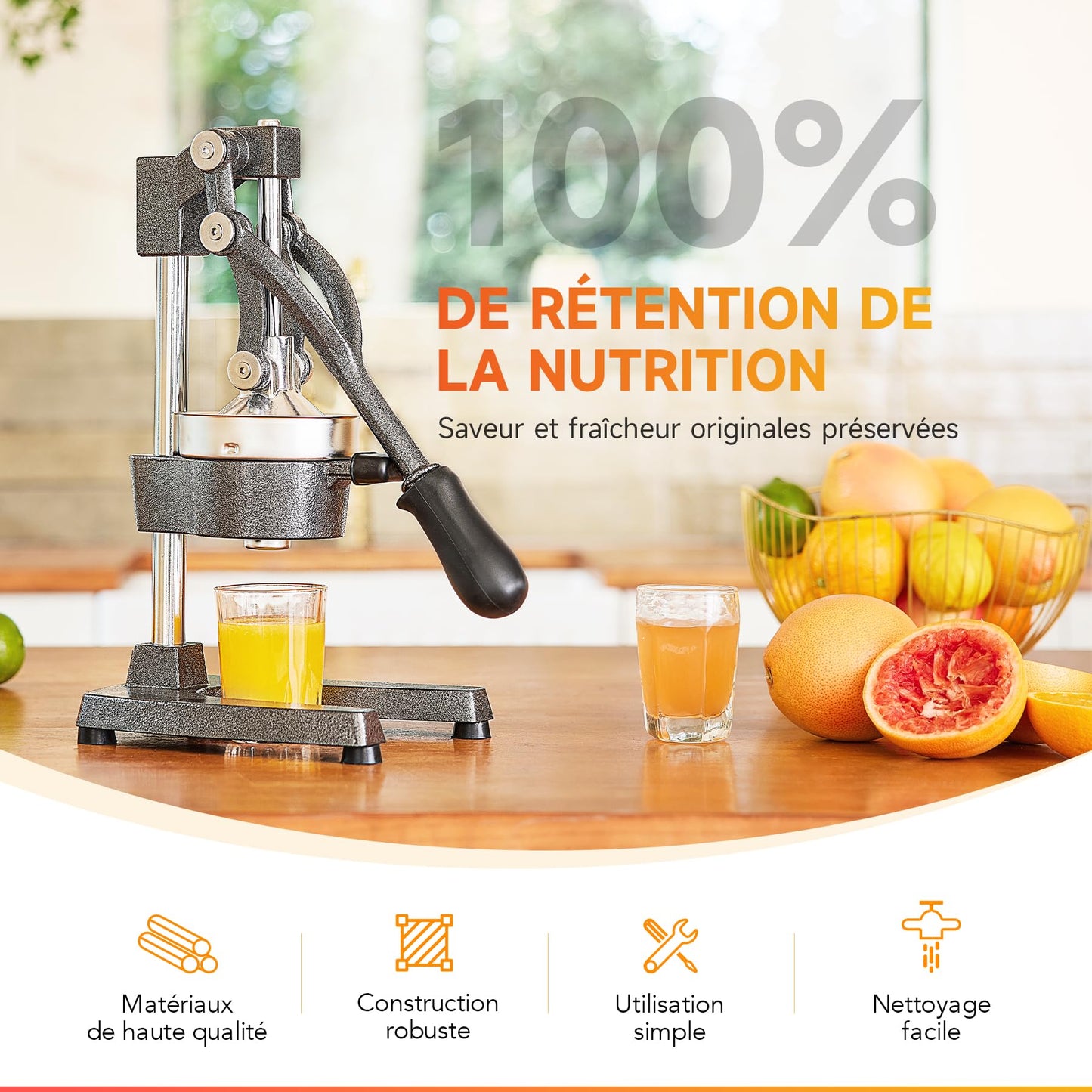 CO-Z Presse Agrumes Manuel Professionnel Silencieux en Acier Inoxydable de Qualité Alimentaire Broyeur Jus Presse Orange Lime Citron Pommes Fruit, Gris